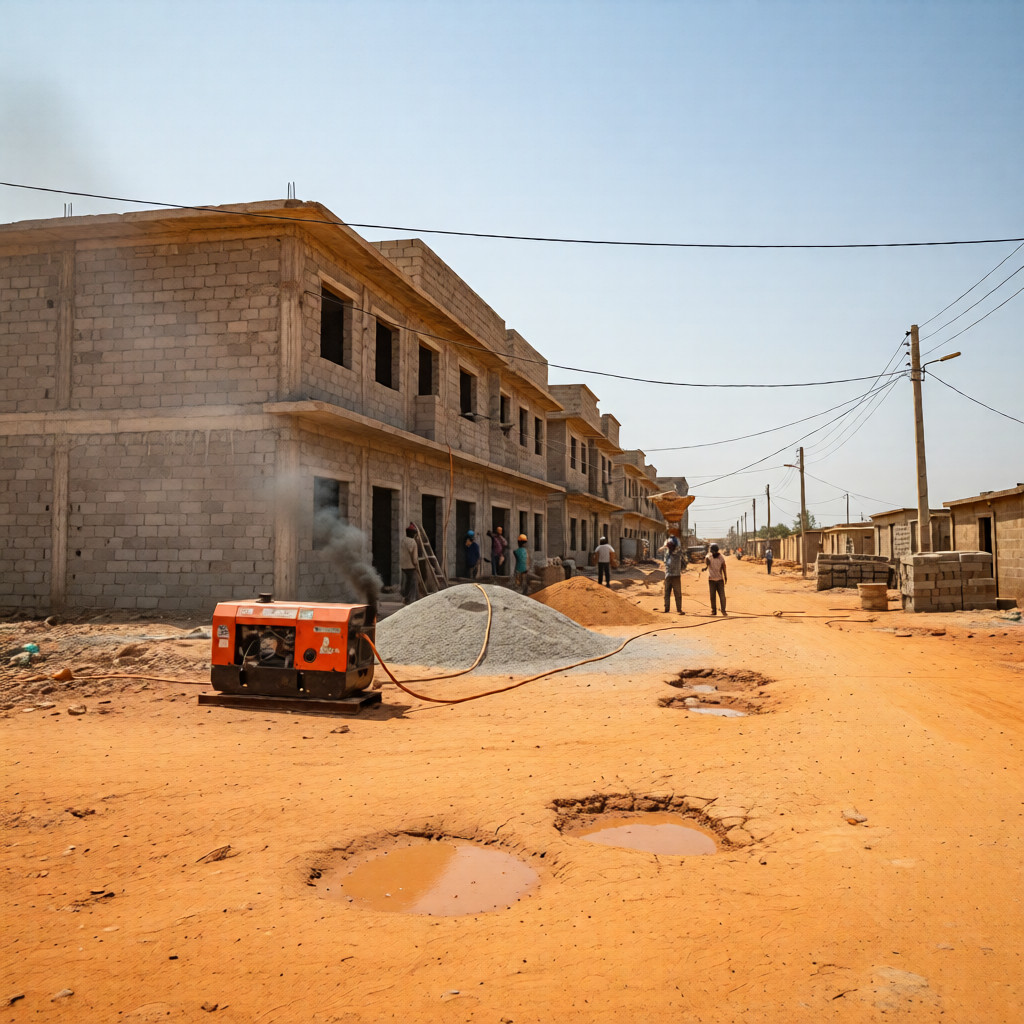 Workflow: {} Nigerian construction site with poor road access and unstable power supply showing infrastructure challenges in secondary cities. Managing Construction Challenges in Nigeria