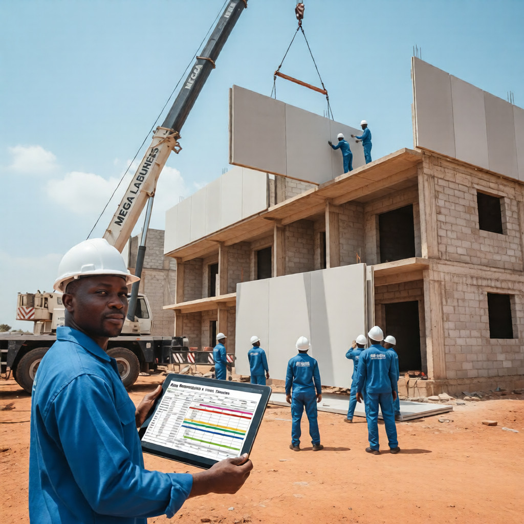 Workflow: {} Mega Labourers project supervisor reviewing construction budget, procurement logs, and material receipts for cost control while Managing Construction Challenges in Nigeria