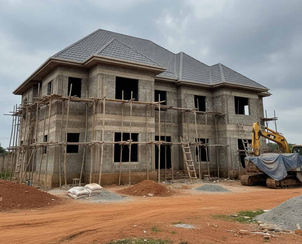 Gemini_Generated_Image_n51yqin51yqin51y Construction project management in Nigeria showing a stalled building project