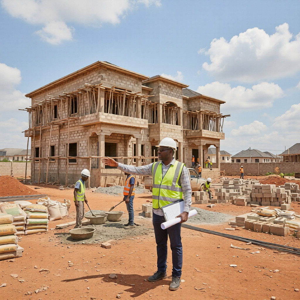 Project manager inspecting site to control the cost of building a house in Nigeria