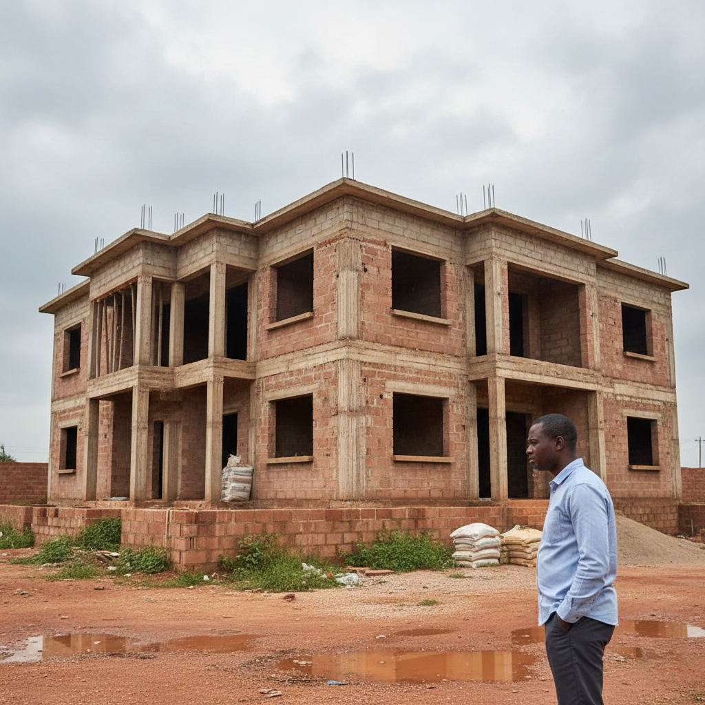 Uncompleted luxury duplex showing signs of construction delays in Nigeria with overgrown foundation area