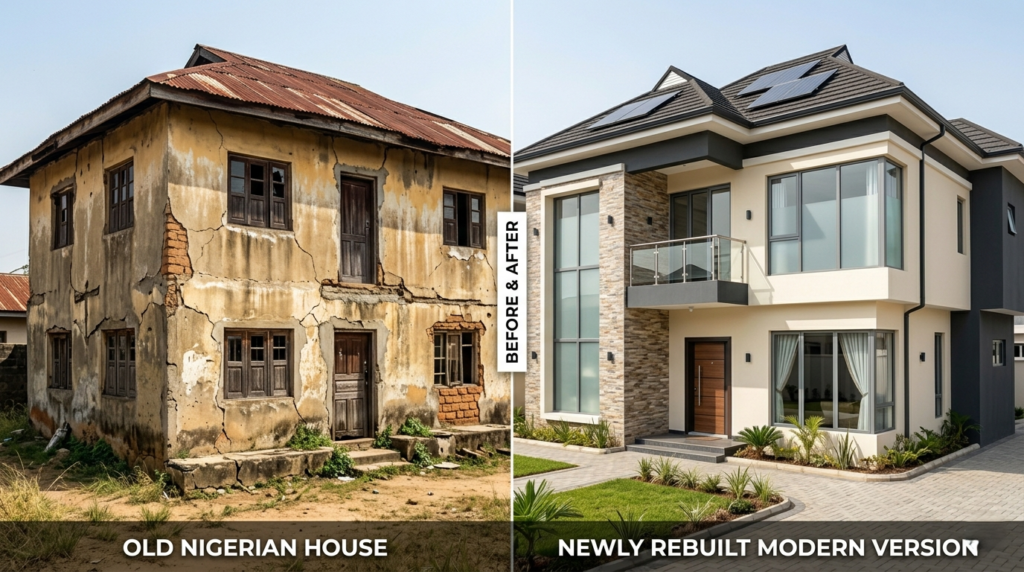 Renovation vs rebuilding comparison showing old and new building structure